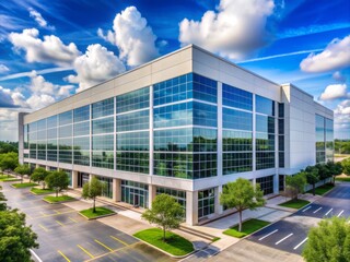 Obraz premium Modern office building and distribution center of a leading oil and gas equipment provider in Houston, Texas, showcasing industry excellence and global presence.