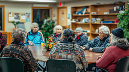 Obraz premium A group of elderly people are sitting around a table, some of them wearing hats. Scene is warm and friendly, as the group appears to be enjoying each other's company