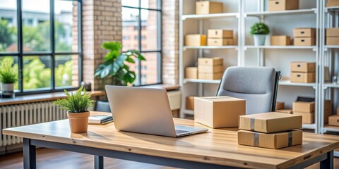Fototapeta premium Modern workspace with laptop, desktop computer, and parcel box on a wooden desk, showcasing efficient management, logistics, and order processing in a small to medium-sized enterprise office.