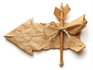 Fototapeta premium Rustic cardboard arrow crafted from ripped kraft paper and brown wrapping paper, isolated on a white background, evoking a sense of vintage creativity and DIY charm.