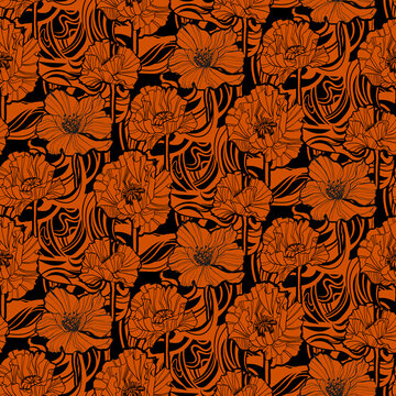 Floral seamless pattern with poppy flowers, vintage background with In art nouveau, retro style. Vector poppies illustration.