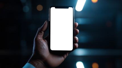 man holding phone mockup with white screen, blurred dark office background