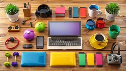 Assorted colorful consumer goods and electronic devices arranged on a modern wooden table, showcasing a variety of products and services for everyday life.