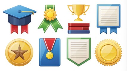 Assorted colorful icons representing education and certification, including diplomas, medals, and badges, isolated on a white background, fully editable and customizable.