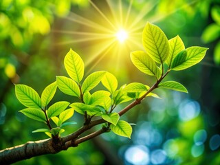 Obraz premium Vibrant green leaves unfurl from a branch, symbolizing life, growth, and renewal, as they harness sunlight to fuel photosynthesis, the essence of a plant's vital energy.