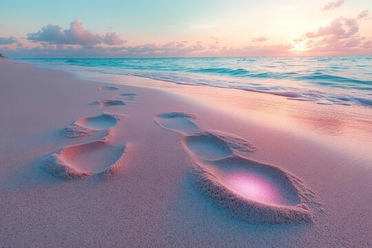 luminous footprints in pristine sand leading to tranquil ocean horizon ethereal glow soft pastel sky spiritual symbolism serene beach landscape