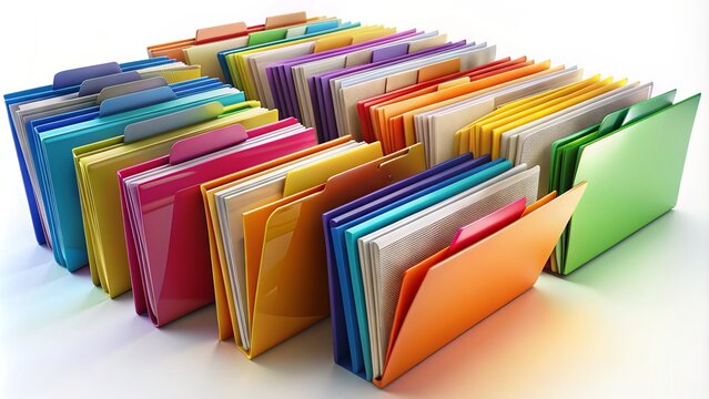 Assorted colorful folders with identical designs but different font styles, sizes, and colors, stacked and fanned out on a white background, representing variety.