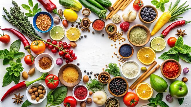 Assorted colorful ingredients isolated on white background, including fresh vegetables, fruits, nuts, and spices, arranged artfully in a circular pattern for culinary inspiration.