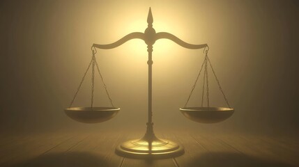 A golden scale of justice sits in front of a warm light, representing law, balance, and fairness.