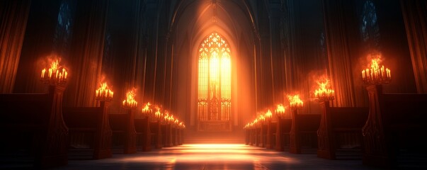 A glowing doorway in a dimly lit gothic cathedral.