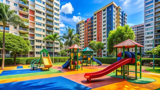 Vibrant outdoor playground in a Singaporean housing estate, featuring a variety of colourful slides, climbing frames, and recreational facilities amidst a lush green surroundings.