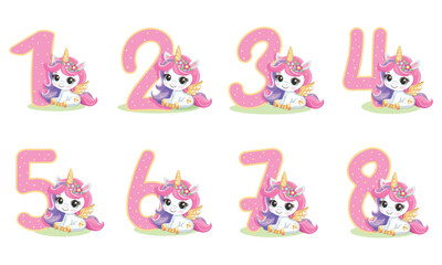 Cute unicorn with pink and golden numbers isolated on white background. Happy Birthday concept. Vector illustration in flat cartoon style