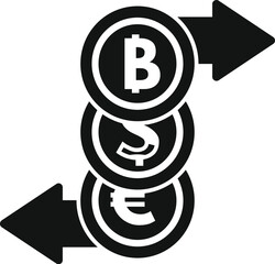 This vector icon represents the concept of exchanging bitcoin with dollar and euro