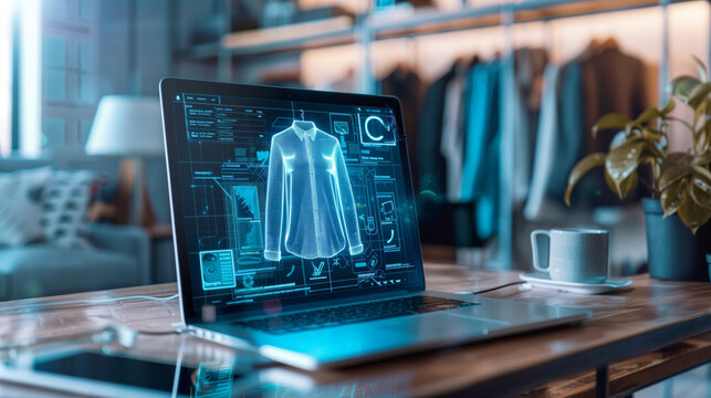 A laptop with holographic images of on the screen, set in an office environment, symbolizing futuristic fashion technology and online shopping