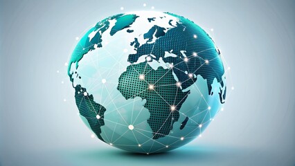 A stylized, blue-green world globe is covered in small, white dots, symbolizing connection, globalization, and unity, set against a clean, white background.