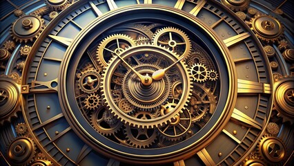 Obraz premium A stylized clock face with gears and cogs visible beneath the surface, surrounded by swirling clock hands and radial lines, symbolizing the complexity of time.