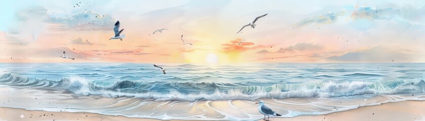 Fototapeta premium Serene Seascape with Birds in Flight at Sunset