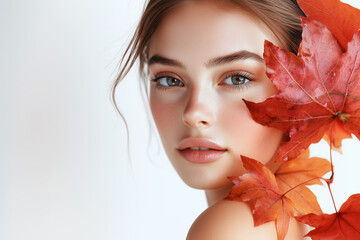Portrait of beautiful young woman with autumn leafs. Healthy clean fresh skin natural make up beauty eyes on white background 