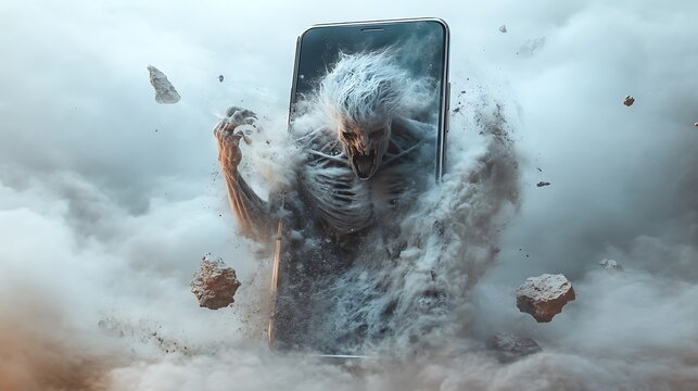 A monstrous figure bursts from a smartphone screen, surrounded by dust and debris.