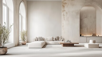 Minimalist living room with large windows, white walls, and a comfortable couch. The room is decorated with a few plants.