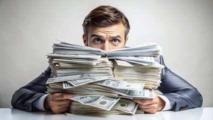 A suspicious businessman hiding behind a stack of cash, surrounded by scattered documents and a torn contract, conveying a sense of financial deceit.