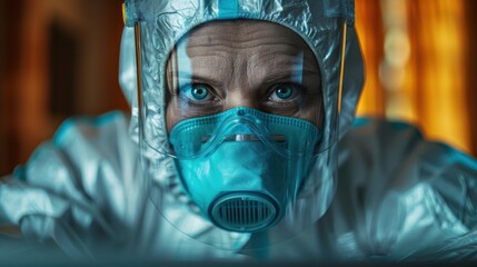Medical professional in protective gear staring intently while working in a clinical setting during the pandemic