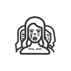 Three female figures with painted faces and tribal markings