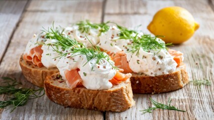 Cream cheese and sour cream, garnished with finely chopped smoked salmon, sprinkled with green onions and dill, sprinkled with lemon juice.