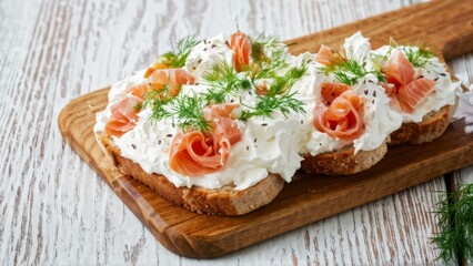 Cream cheese and sour cream, garnished with finely chopped smoked salmon, sprinkled with green onions and dill, sprinkled with lemon juice.