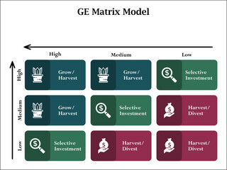 GE Matrix Model. Infographic template with icons and description placeholder