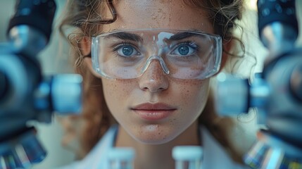 Young scientist in lab coat examines samples with microscope in a research laboratory during the day
