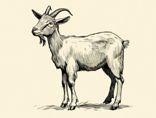 Goat. Vintage retro print, black white goat sketch ink pencil style drawing, engrave old school. Sketch artwork silhouette goat, white background. Side view profile. Illustration
