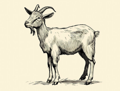 Goat. Vintage retro print, black white goat sketch ink pencil style drawing, engrave old school. Sketch artwork silhouette goat, white background. Side view profile. Illustration