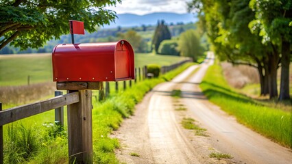 A traditional red metal mailbox stands alone at the edge of a rural driveway, a single white envelope protruding from the partially open mailbox door.