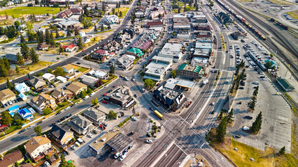 Aerial view of Jasper Town on a sunny summer day. Streets and homes, Alberta - Canada