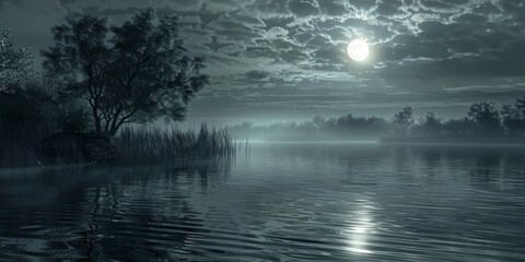 Eerie moonlight casts a shimmering glow over a misty lake, surrounded by trees and a dramatic cloudy sky.