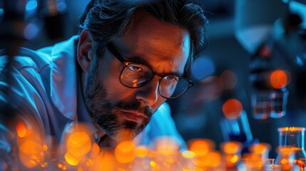 Fototapeta premium Scientist examining glowing samples in a laboratory during nighttime