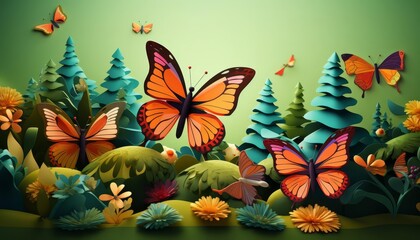 Naklejka premium Garden scene with butterflies, flat design, side view, nature theme, 3D render, Triadic Color Scheme