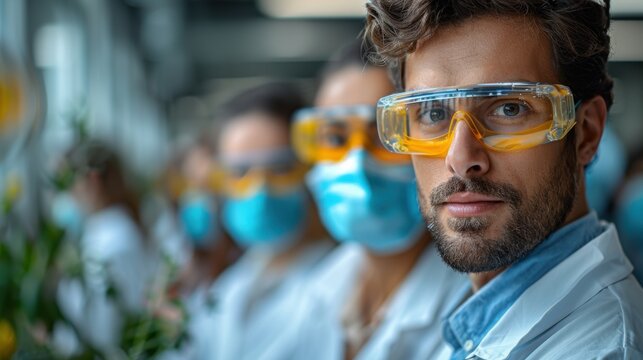 Scientists conducting a plant research experiment in a laboratory with safety goggles and masks in the afternoon