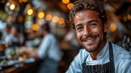Obraz premium A chef is smiling and holding a plate of food. The food is a variety of salads and vegetables