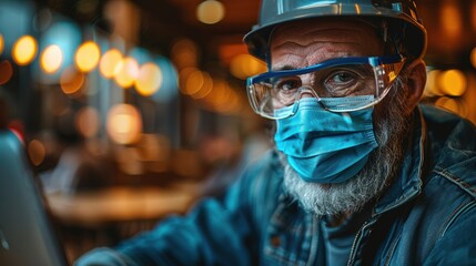 Obraz premium Construction worker wearing a mask and safety glasses seated at a table indoors with warm lighting in the background