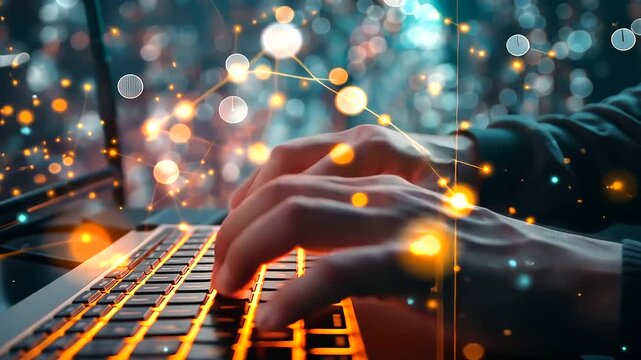 The man's fingers dance across the keyboard as he stares intently at the screen, surrounded by a mesmerizing web of glowing blockchain nodes