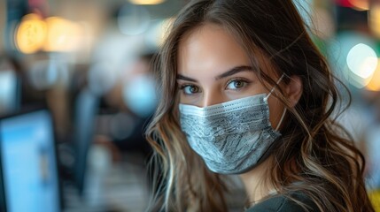 Young woman wearing a mask in a busy workspace during the pandemic