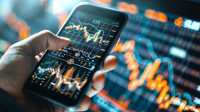 In a focused close-up, a man's hand holds a phone displaying a graph of shares or cryptocurrency market fluctuations, accompanied by detailed blockchain diagrams