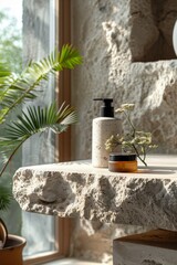 Modern beauty skincare product bottles design featuring facial serums, natural essential oils in dropper-equipped cosmetic bottles, and a display of bright sunshine shadows on stones.