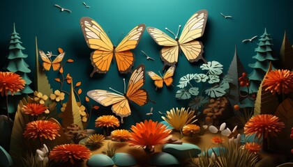 Garden scene with butterflies, flat design, side view, nature theme, 3D render, Triadic Color Scheme