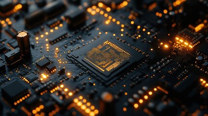 Obraz premium A close-up of a digital motherboard with network mesh wire patterns, spotlighted to emphasize the intricate circuitry and connections against a dark backdrop