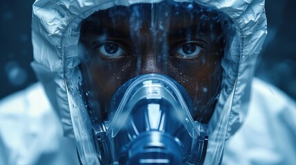A person in protective gear focuses intensely while wearing a respirator, set against a dark background