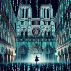 Code of Faith A matrix code projection onto the facade of Notre