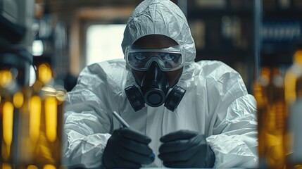Scientist in protective suit conducts research in a laboratory with yellow liquid in glass containers during daylight hours